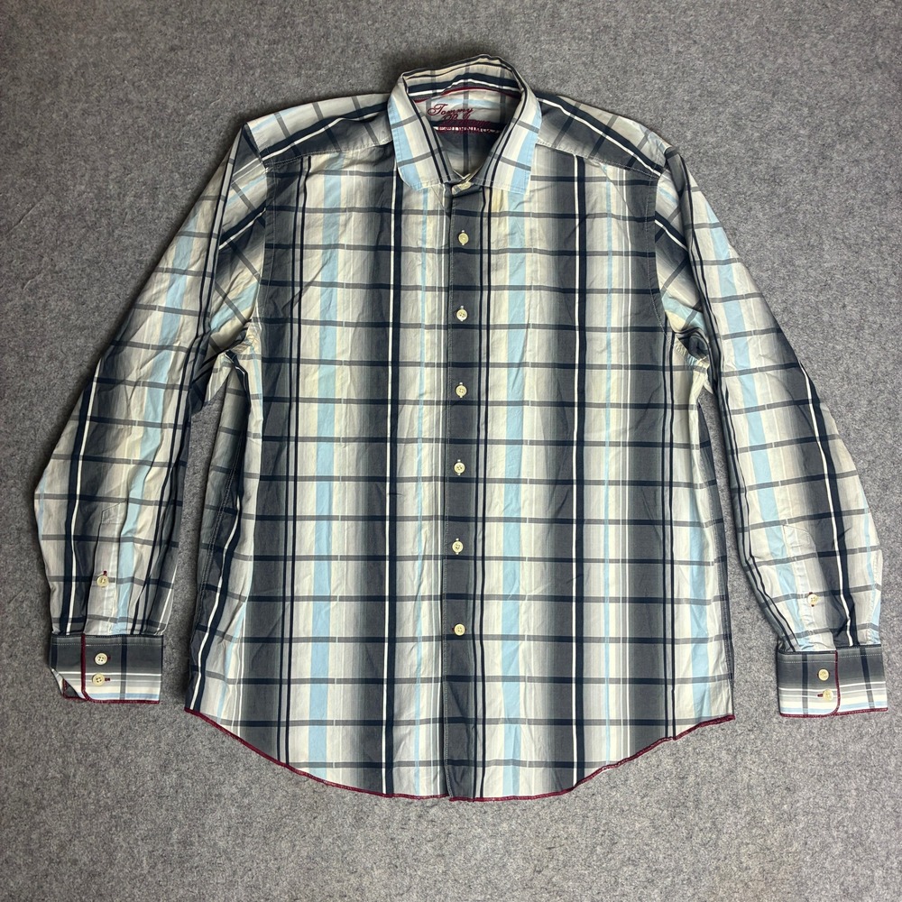 Tommy Bahama Denim Shirt Mens Large Blue Grey Plaid Cotton Button Down Casual